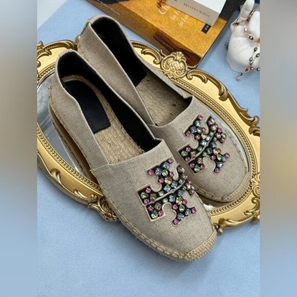 🆕 TORY BURCH 🧿 NWOB Ines Linen & Leather Bejewelled Espadrilles - Sz 8 M - Picture 8 of 11